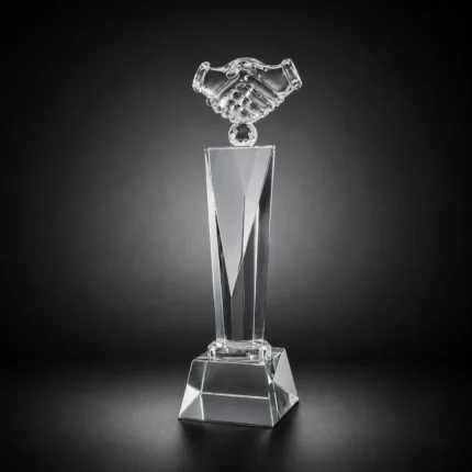 Crystal Victory Trophy with Handshake Top | Premium Recognition Award